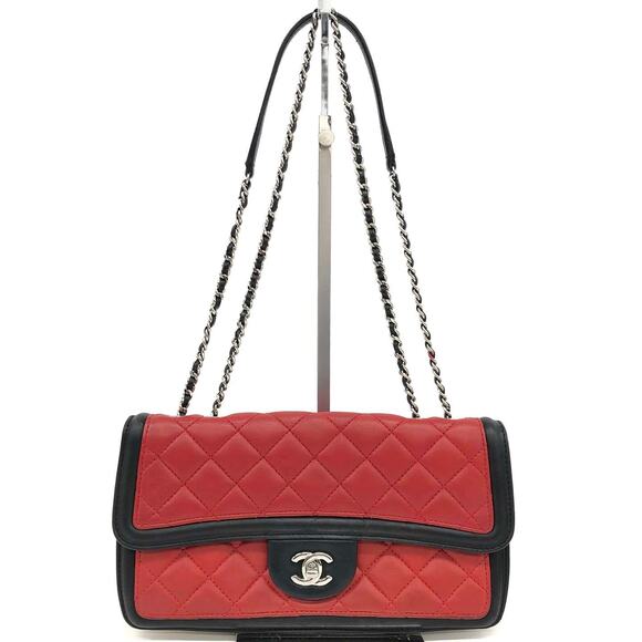 Chanel Tri-Color Quilted Medium Flap Bag Red & Black & White Lambskin Leather CC - Picture 1 of 15